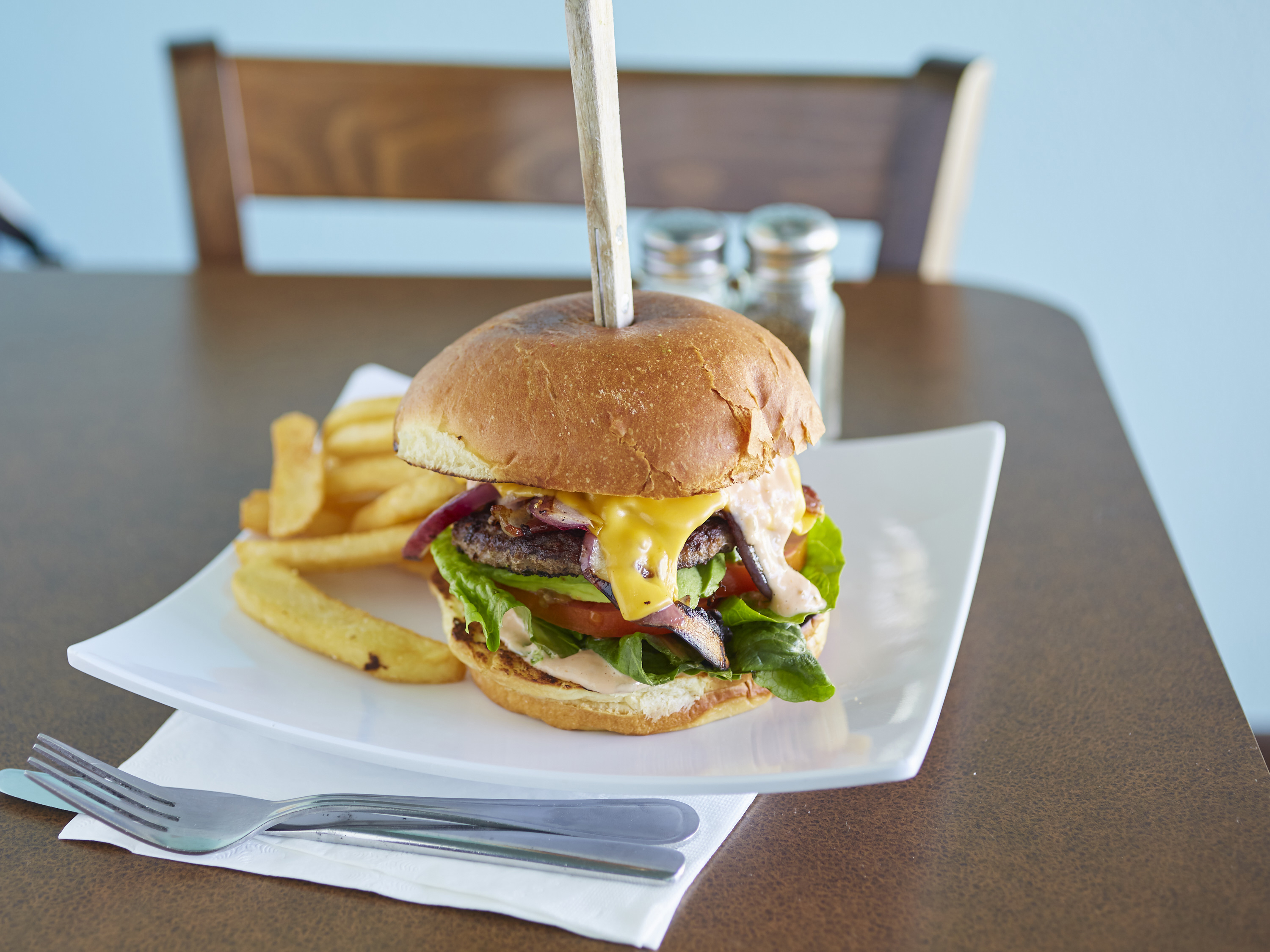 Order The Works Burger food online from Pacific Cafe store, Oxnard on bringmethat.com