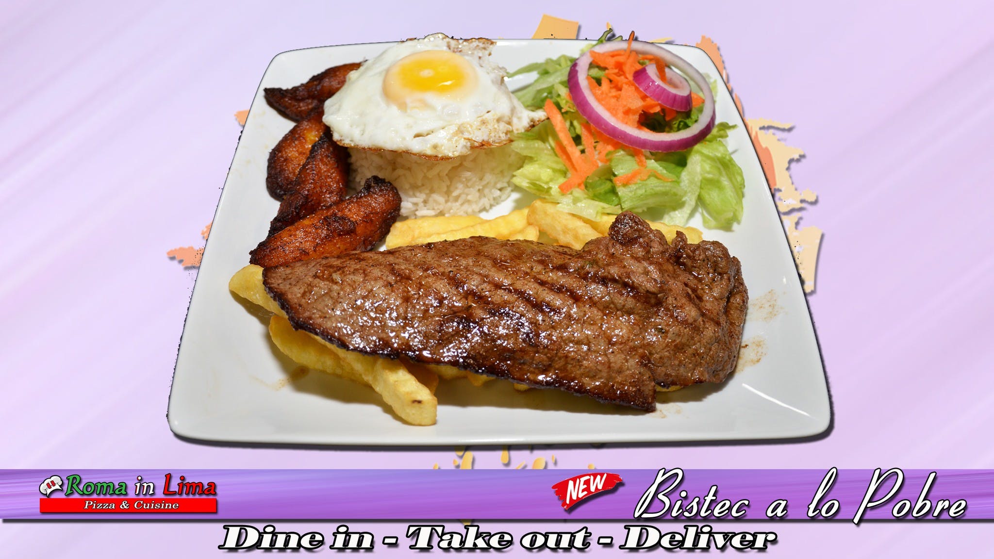 Order Bistec a lo Pobre - Entree food online from Roma In Lima Pizza & Cuisine store, Immokalee on bringmethat.com