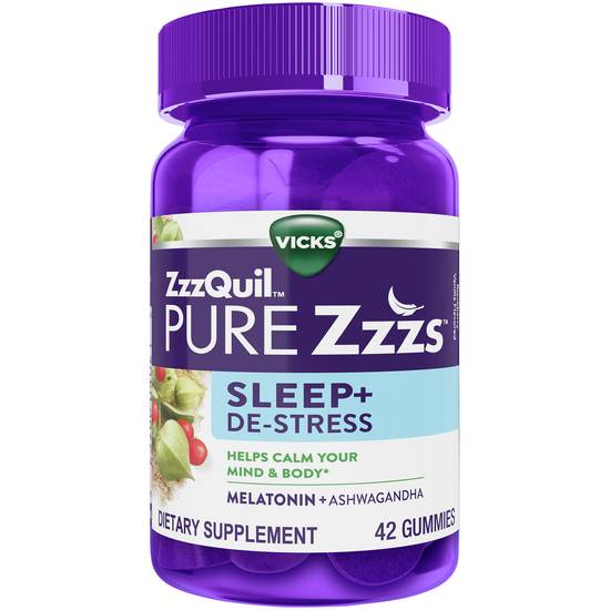 Order Vicks ZzzQuil PURE Zzzs De-Stress & Sleep Melatonin Sleep Aid Gummies 1 mg (42 ct) food online from Rite Aid store, Greenville on bringmethat.com