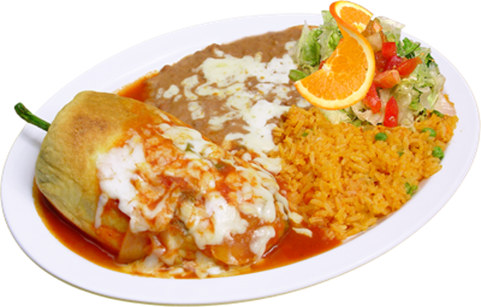 Order Combo Chile Relleno with Beans and Rice food online from Hacienda Market & Grill store, Carson City on bringmethat.com