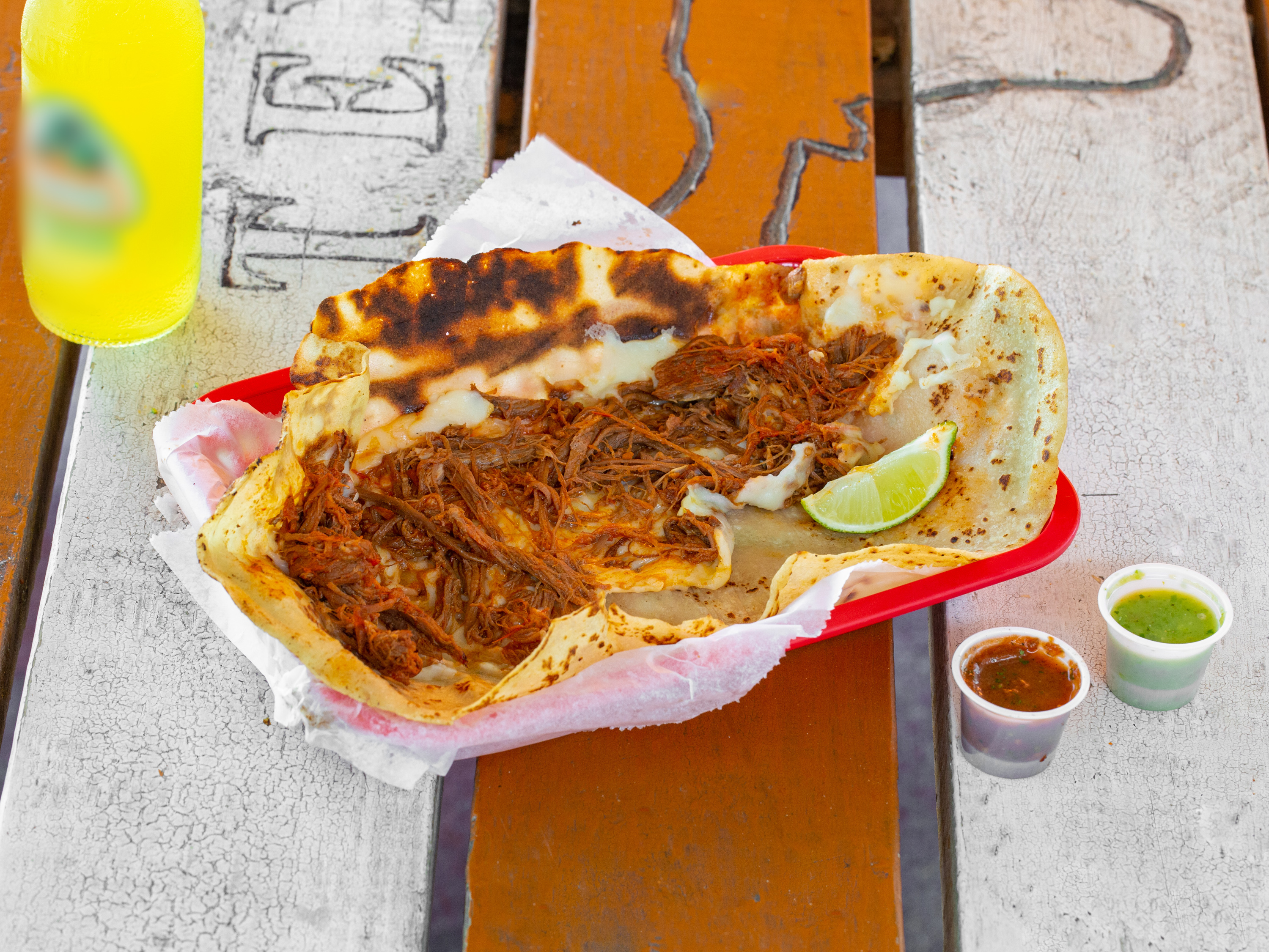 Order Pulled Beef Quesadilla food online from Taqueria Jaguars store, Round Rock on bringmethat.com