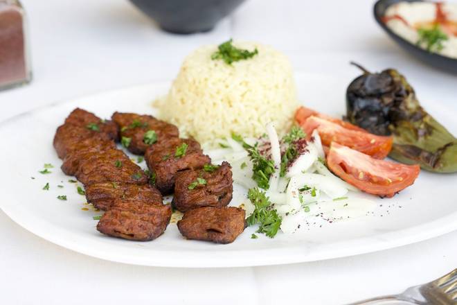 Order Beef Shish Kebab Plate food online from Elenas Greek Armenian Cuisine store, Glendale on bringmethat.com