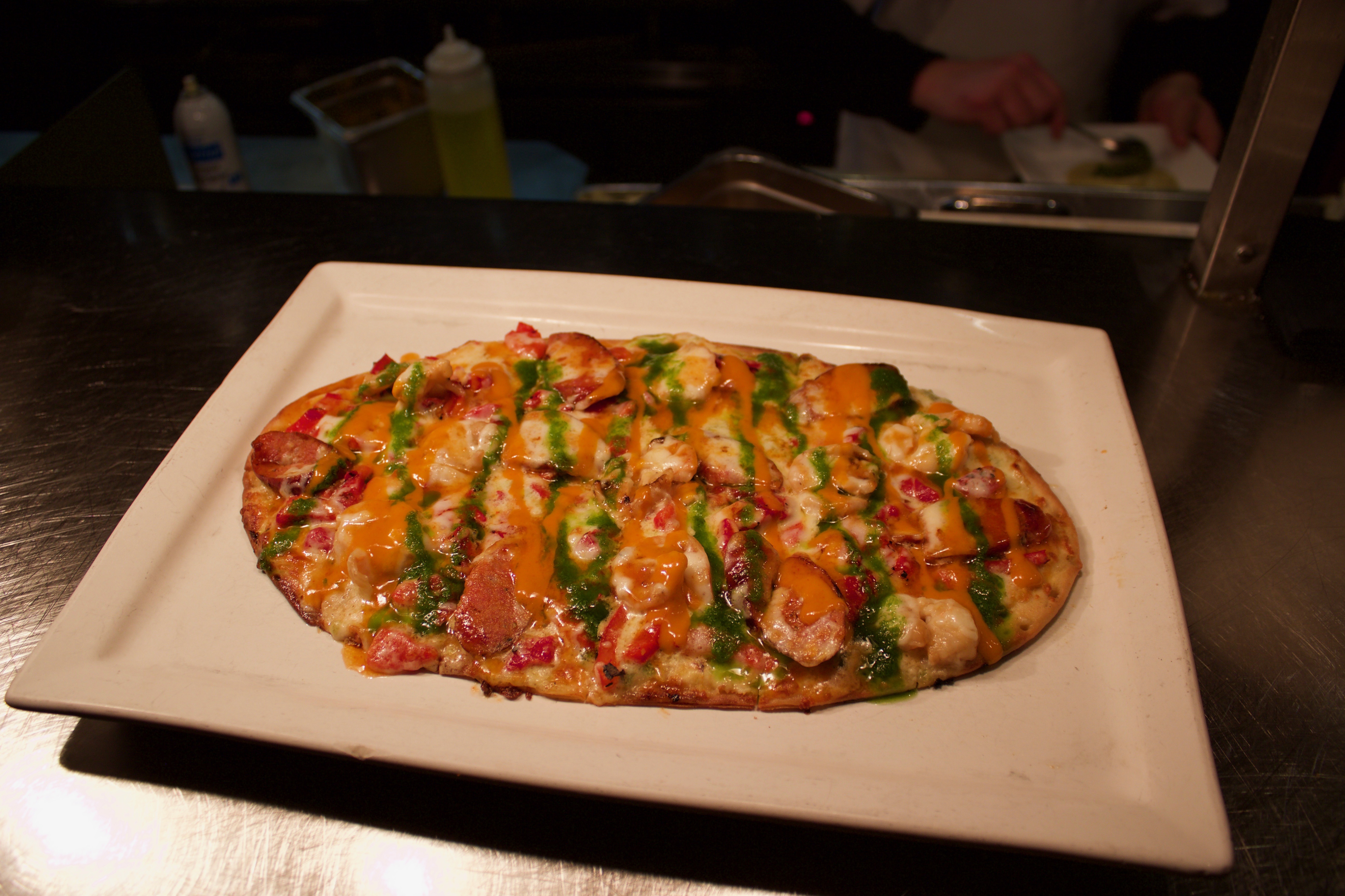 Order Shrimp and Andouille Flatbread food online from Eno Vino Wine Bar & Bistro store, Madison on bringmethat.com