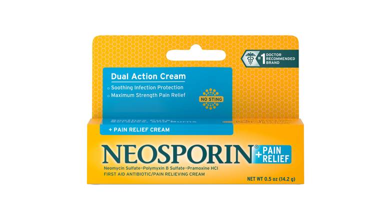 Order Neosporin + Pain Relief Dual Action First Aid Antibiotic Cream food online from Route 7 Food Mart store, Norwalk on bringmethat.com