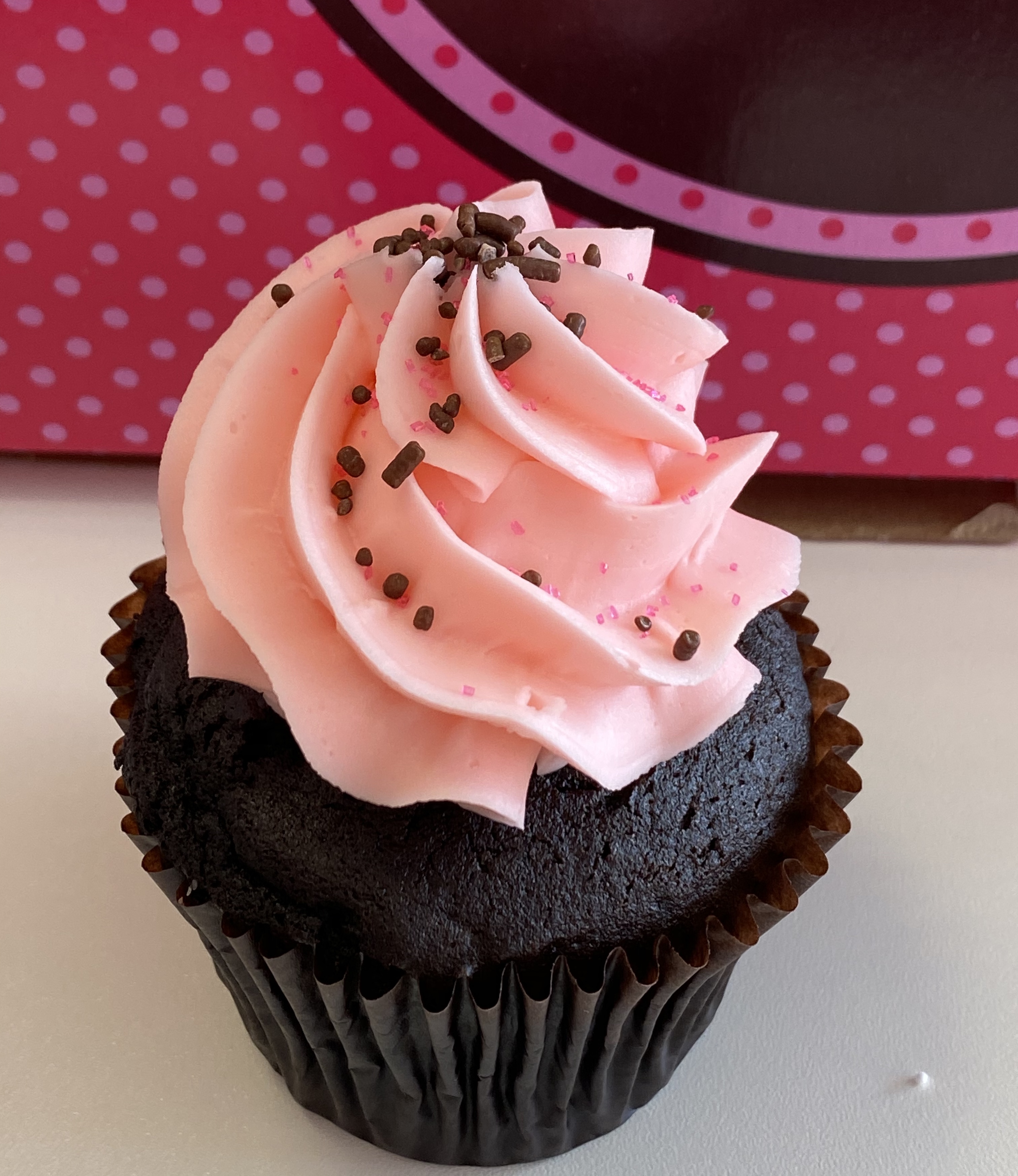 Order Pink Chocolate Gluten Free Friendly Cupcake food online from Smallcakes store, Richmond on bringmethat.com