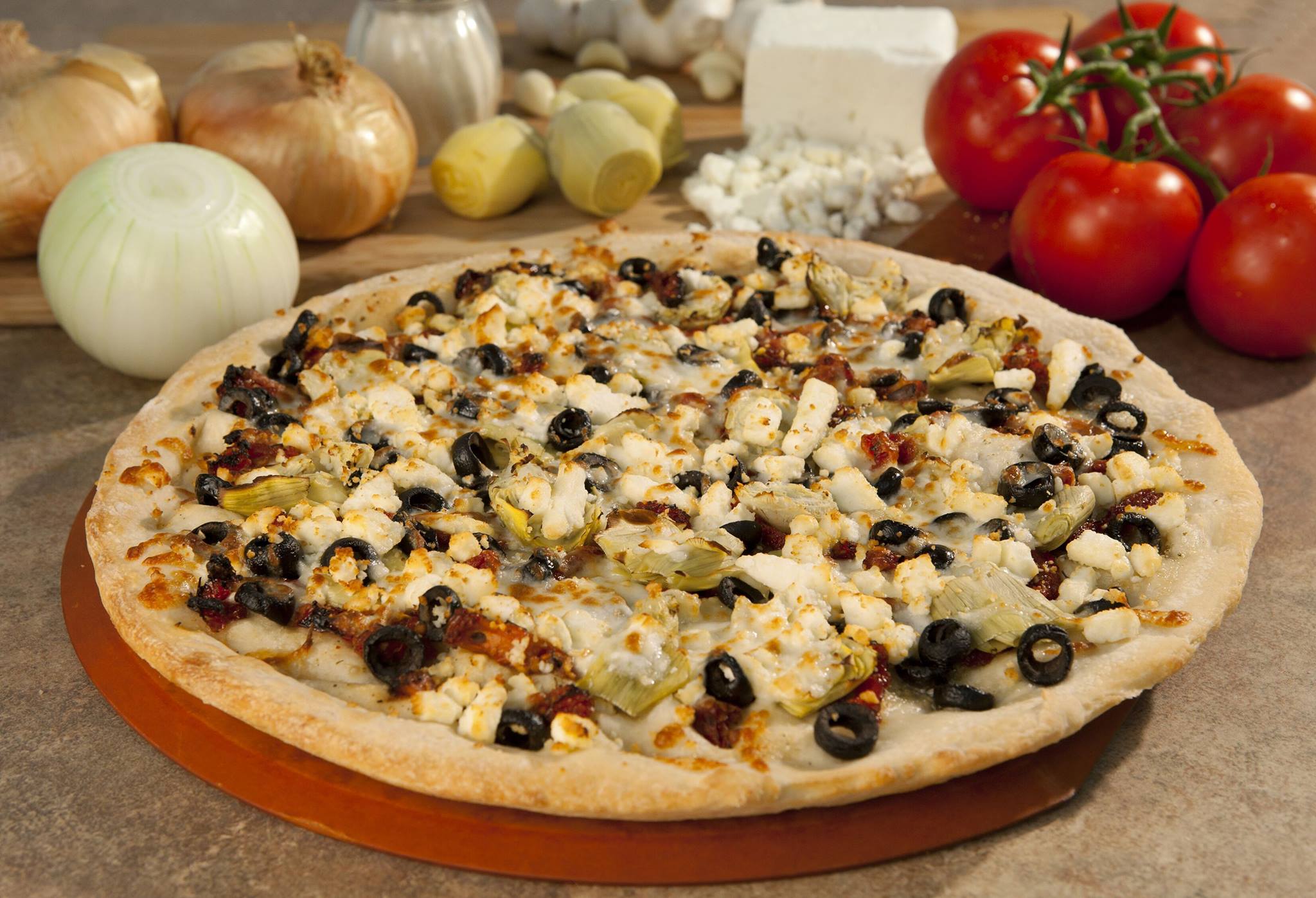 Order The Greek Pizza food online from Richards Pizza - Fairfield Bowling Lanes store, Fairfield on bringmethat.com