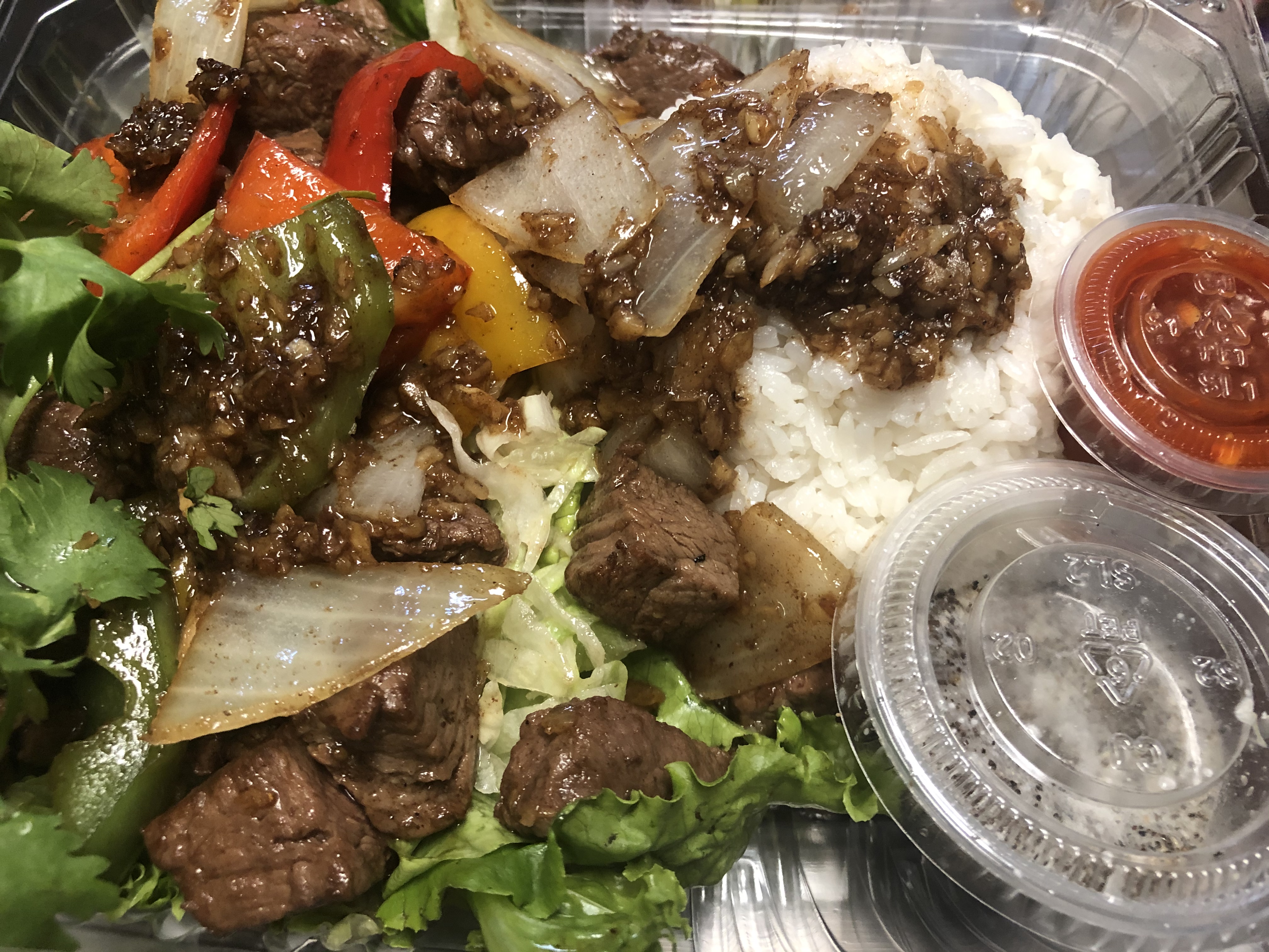Order 57. Cube Beef Steak w/Steamed Rice (Cơm Bò Lúc Lắc) food online from Saigon House store, San Leandro on bringmethat.com