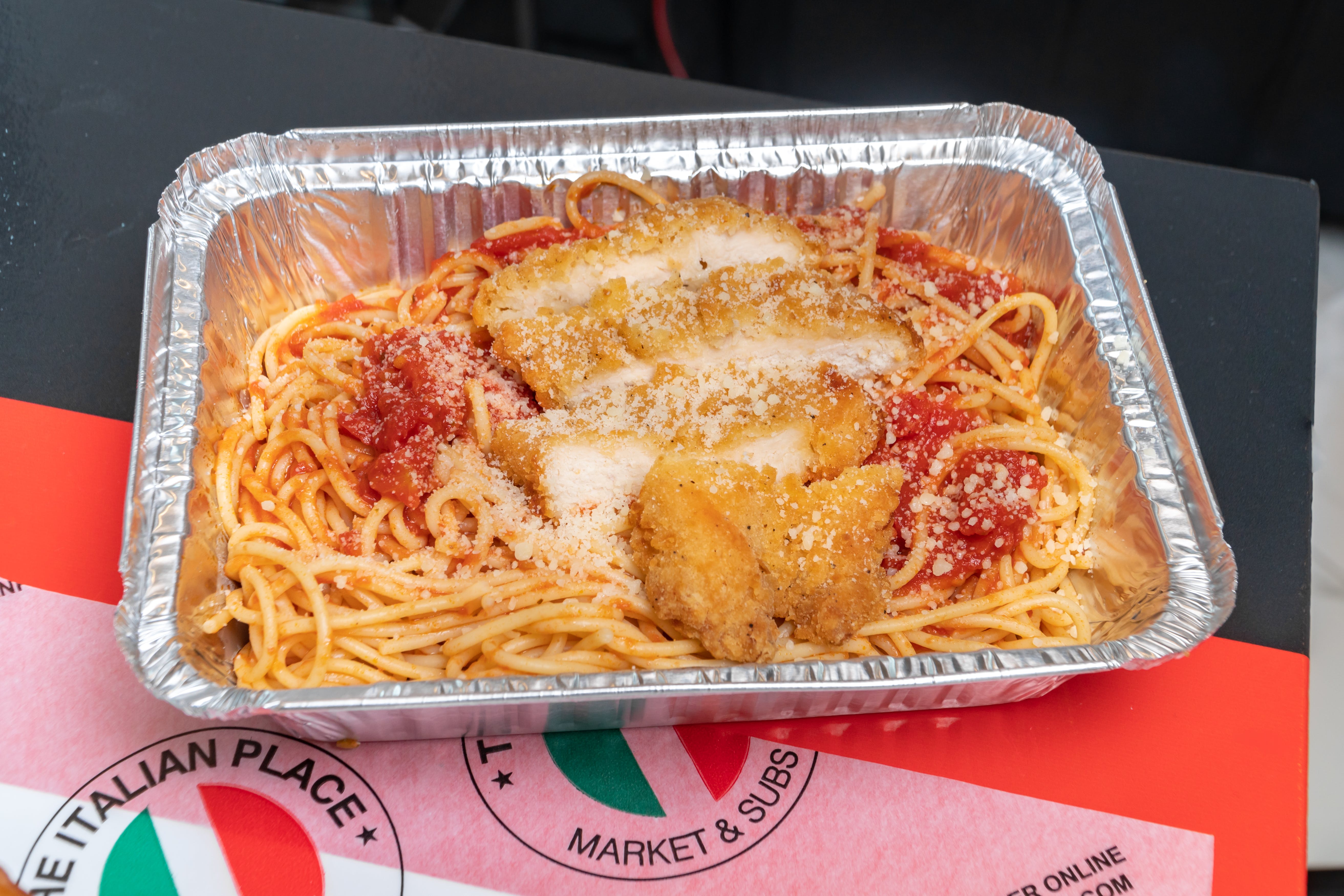 Order Chicken Parm with spaghetti or penne - Chicken Parm food online from The Italian Place store, Fairfax on bringmethat.com