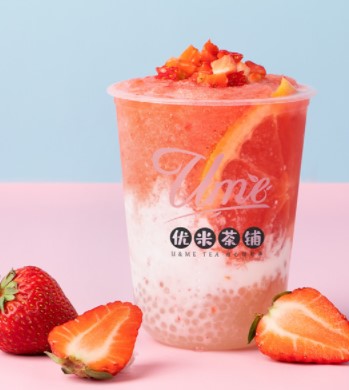 Order Strawberry Latte with Coconut Pudding 草莓布丁脏脏奶 food online from Ume Tea store, Fremont on bringmethat.com