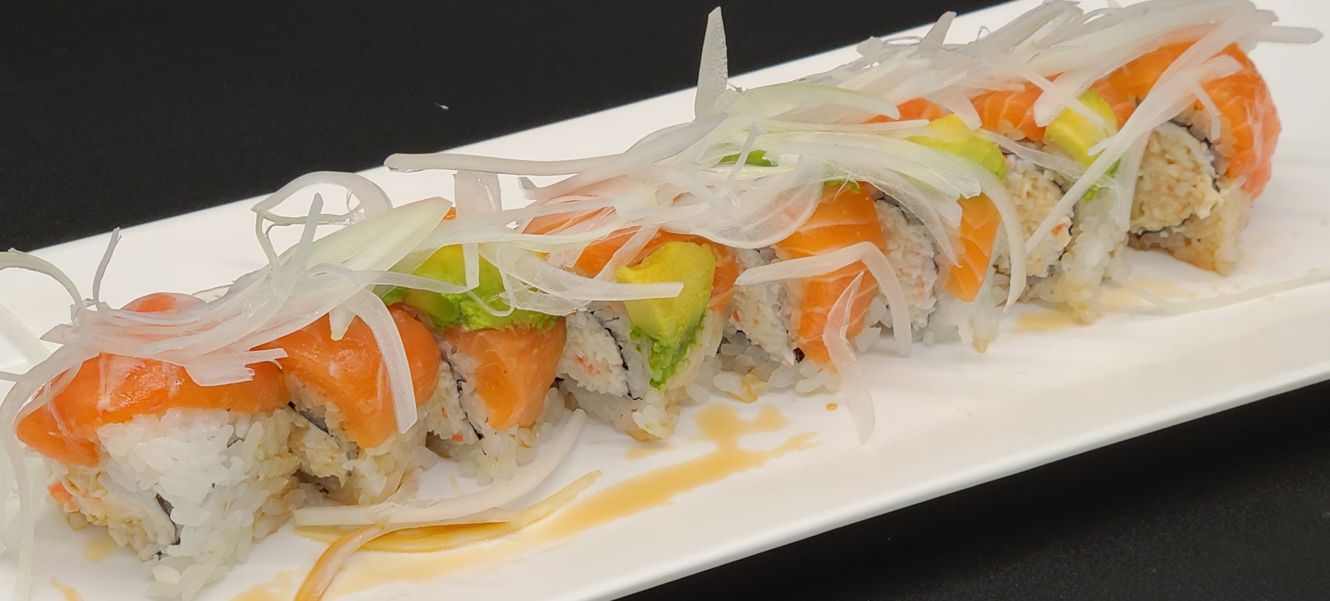 Order F28. Sweet Onion Salmon Roll(8pcs) food online from Hello Sushi store, Fullerton on bringmethat.com
