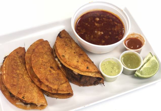 Order 3 Quesa-Birria Tacos W/ Consome Soup food online from La Nueva Taqueria store, Plainfield on bringmethat.com