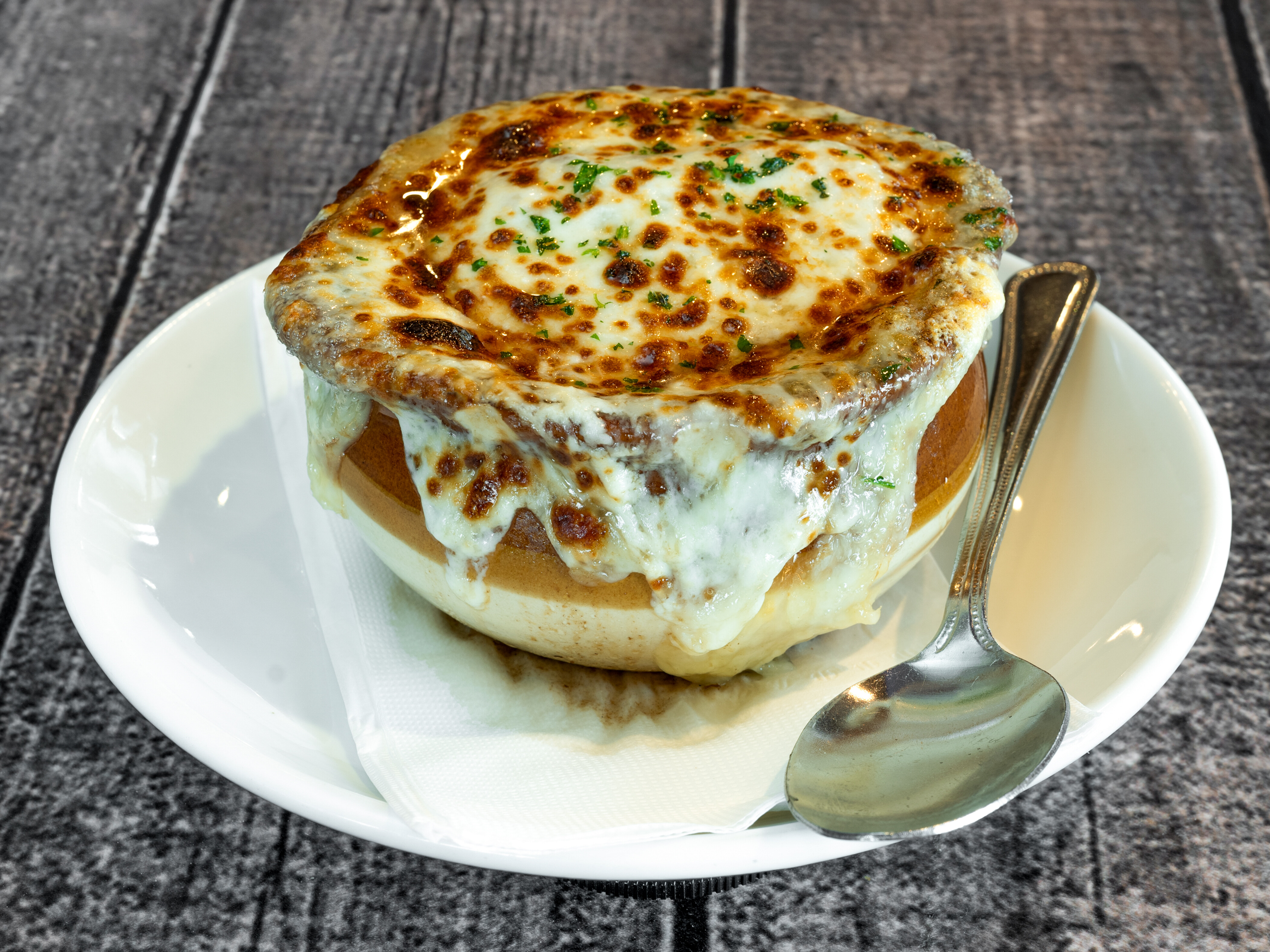Order Crock of French Onion Soup food online from Stirling Diner store, Stirling on bringmethat.com