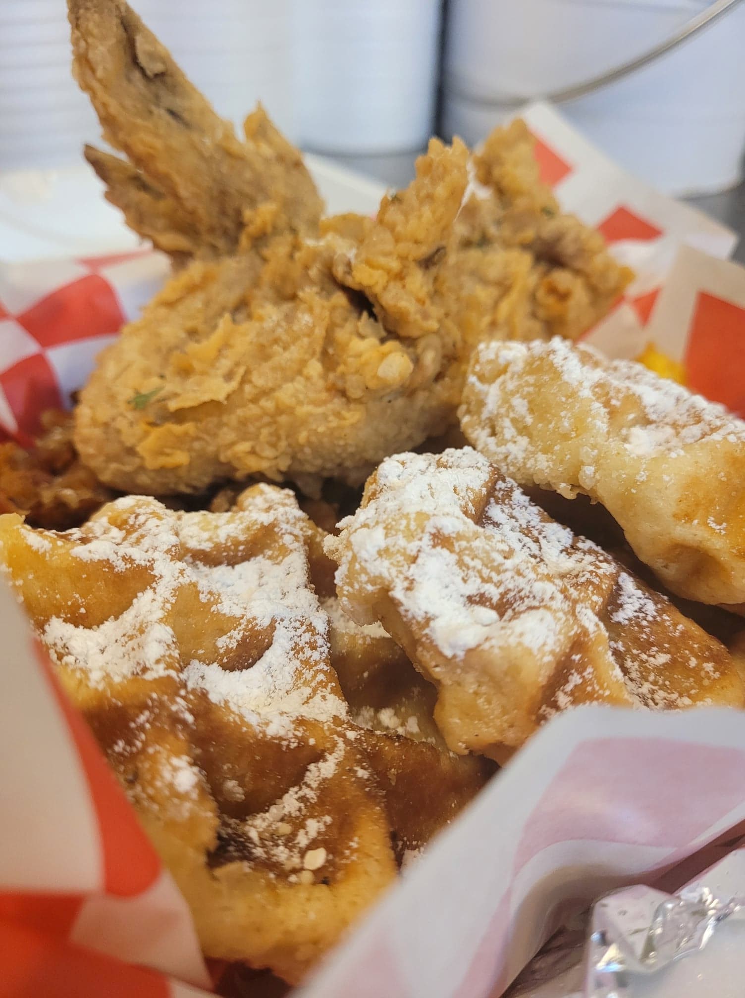 Order Chicken & Waffles (C/W: 2 Whole wings, 3 Belgium Waffles & drink) food online from House Of Soul Catering store, Homestead on bringmethat.com