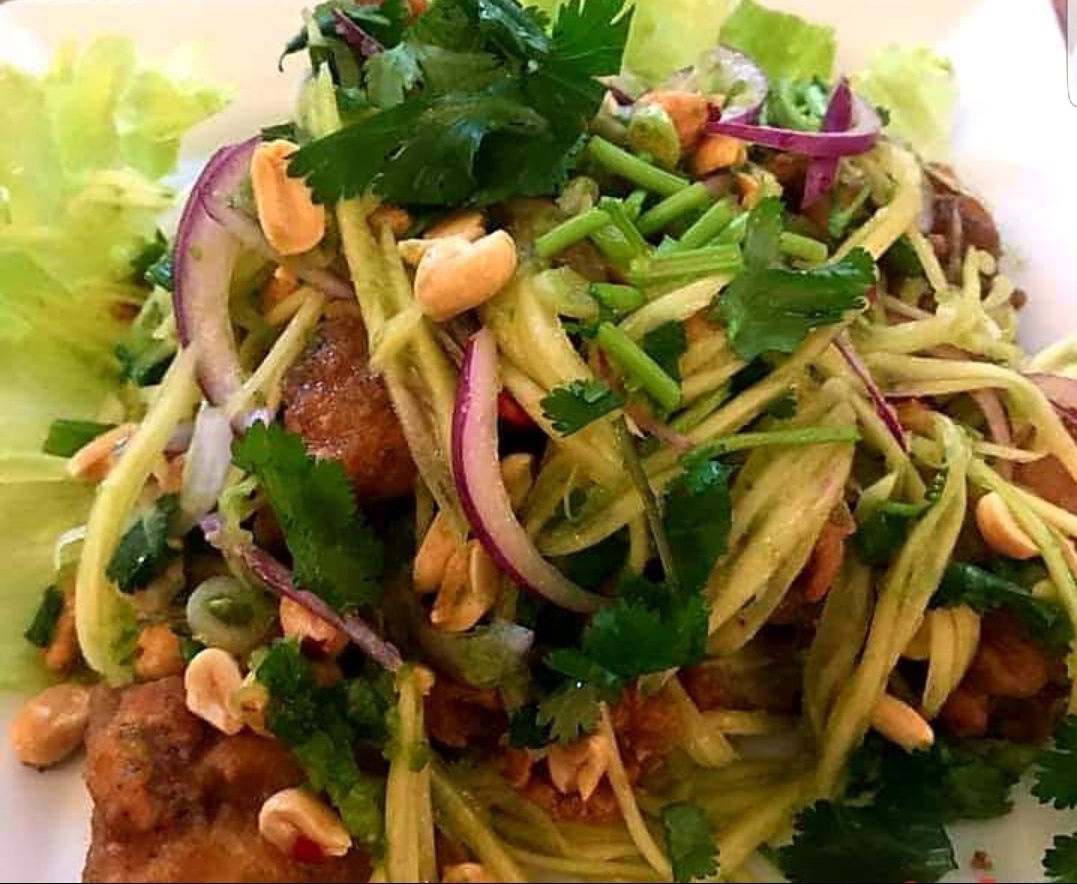Order Cs.6 Pla ma moung (crispy fish with mangoes salad ) food online from Kin Thai store, High Point on bringmethat.com