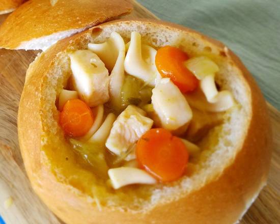 Order Chicken Vegetable Noodle Bread Bowl food online from Soup Kettle Grill store, Meridian on bringmethat.com
