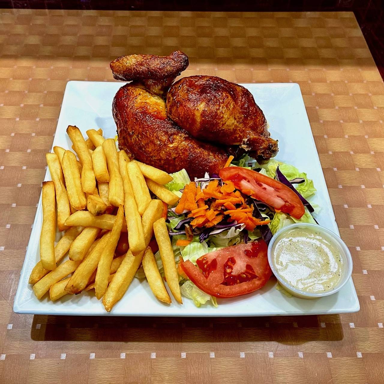 Order 1/2 Chicken , French Fries and Salad food online from MILLENIUM CHICKEN store, Valley Stream on bringmethat.com