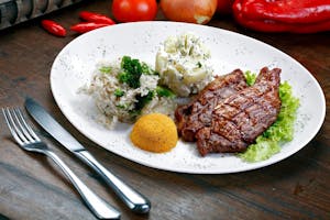 Order Delmonico Steak (6oz, w/Potato or Rice & Veggie) food online from Milano Cafe & Deli store, Burbank on bringmethat.com