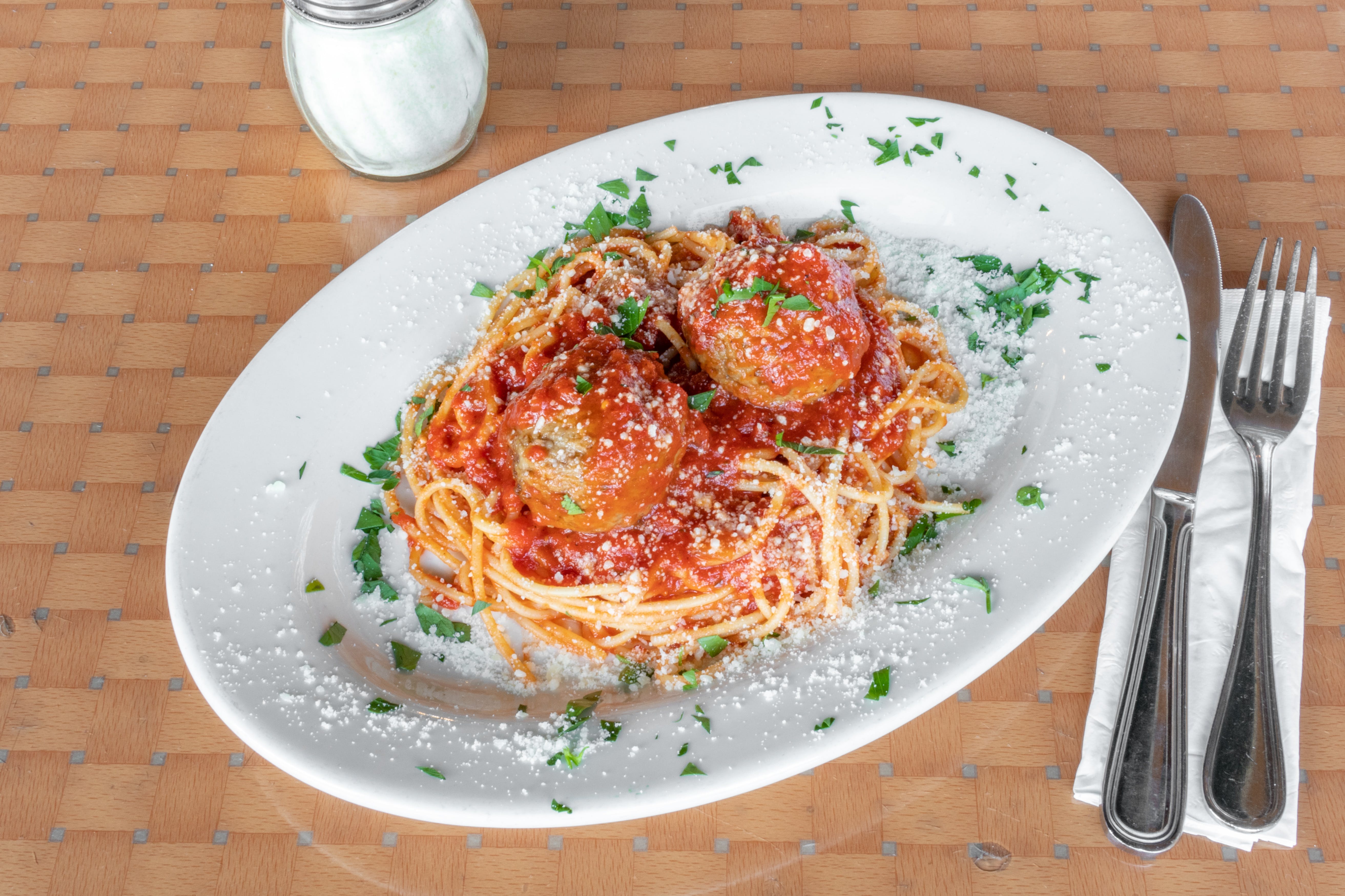 Order Pasta with Meatballs - Entree food online from Guido's Pizza Parlor store, Walden on bringmethat.com