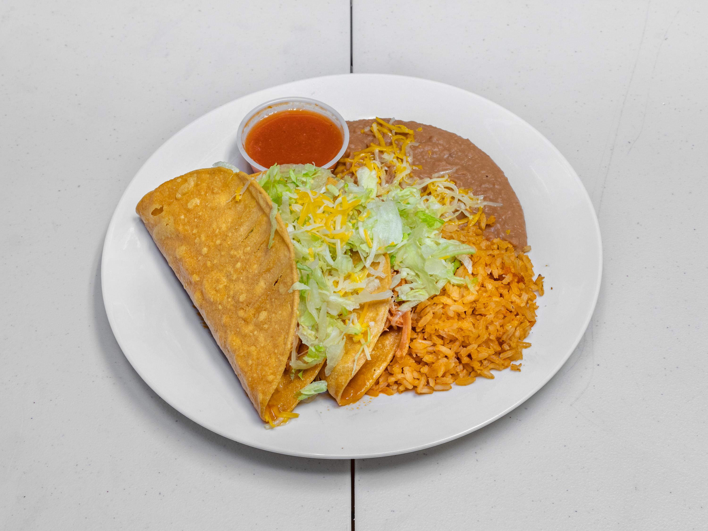 Order 9. Two Chicken Tacos Combo Plate food online from Adalberto Mexican store, Scottsdale on bringmethat.com