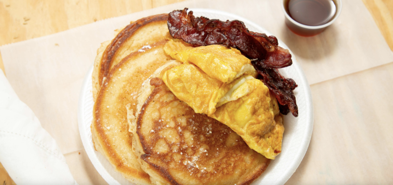 Order 2 Eggs with Pancake and Bacon or Sausage Platter  food online from Shebamz Grill store, Albany on bringmethat.com