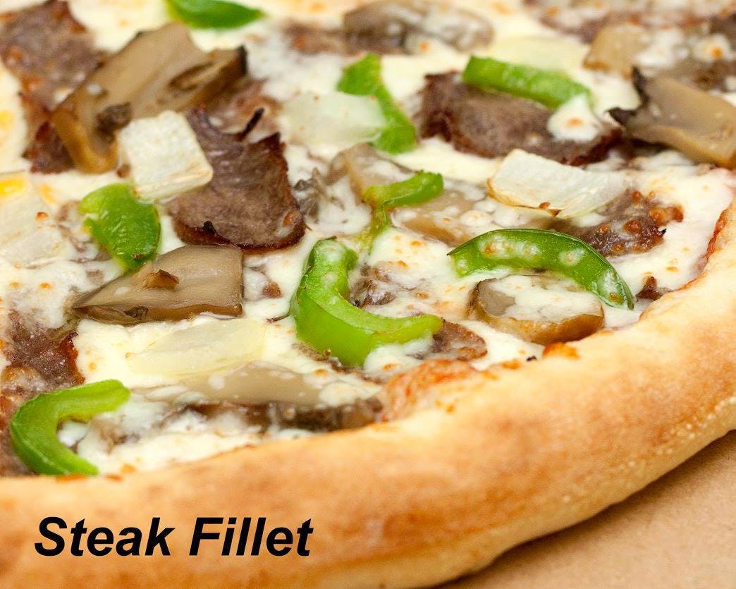 Order Steak Filet Pizza - Small 10'' food online from Rockyanos Pizza store, Dallas on bringmethat.com