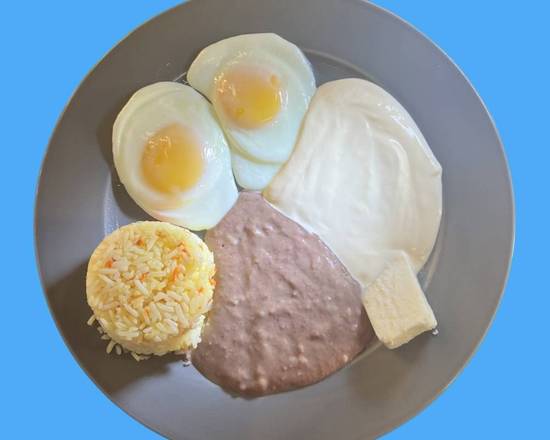 Order #6 Two Eggs, Rice, Beans, Cream, Cheese and Two Tortillas food online from Sabrositas Pupusas store, Los Angeles on bringmethat.com