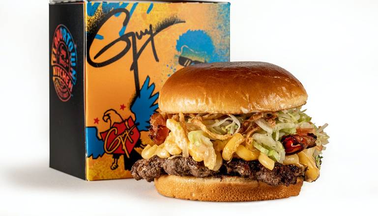 Order Bacon Mac N Cheese Burger food online from Guy Fieri Flavortown Kitchen store, Christiana on bringmethat.com