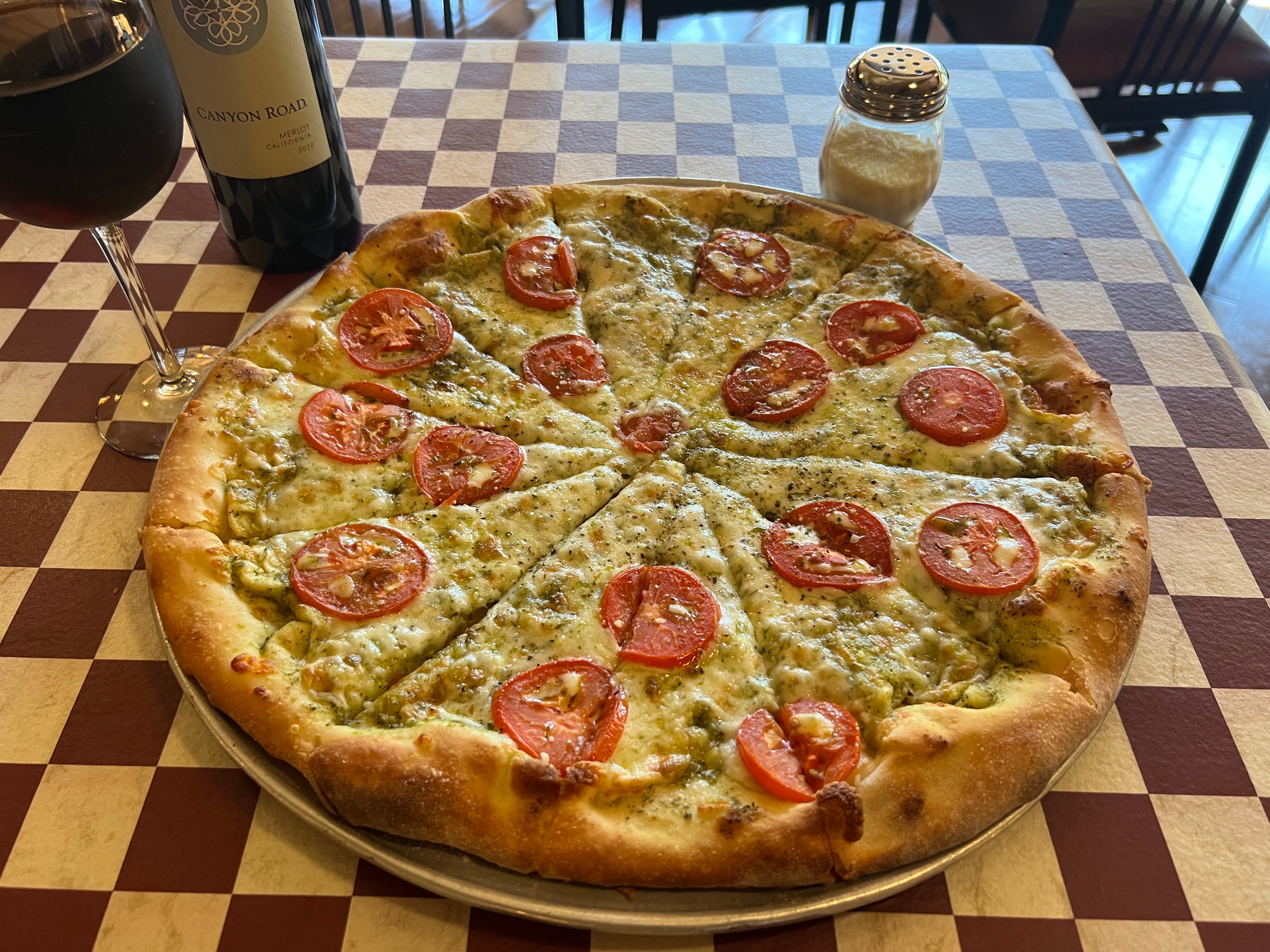 Order Pesto Pizza - Small 12'' food online from Village Pizza Restaurant store, Orinda on bringmethat.com