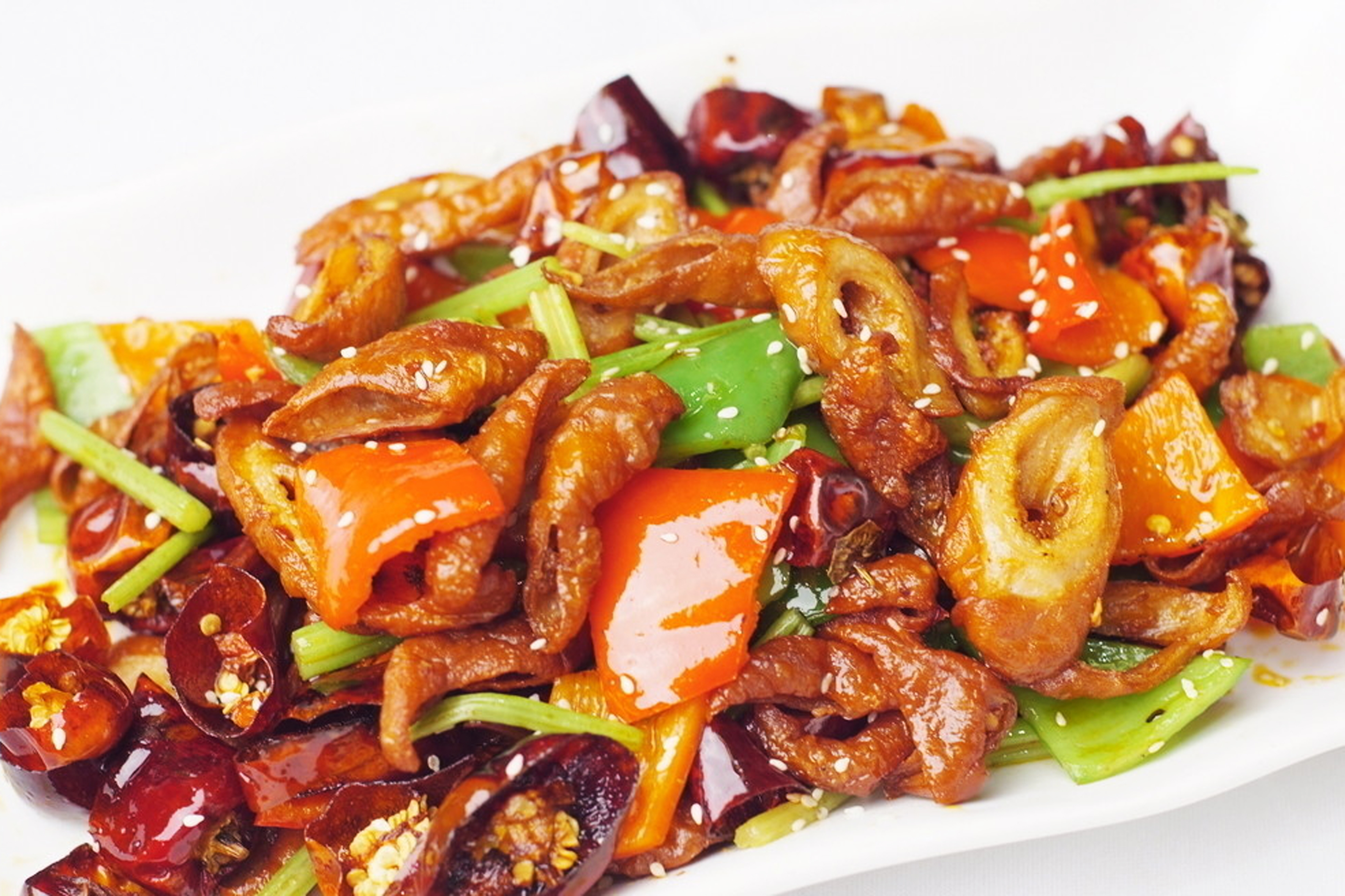 Order E9. Spicy Fried Intestines with Pepper food online from Prosperity Szechuan Cuisine store, Stockton on bringmethat.com
