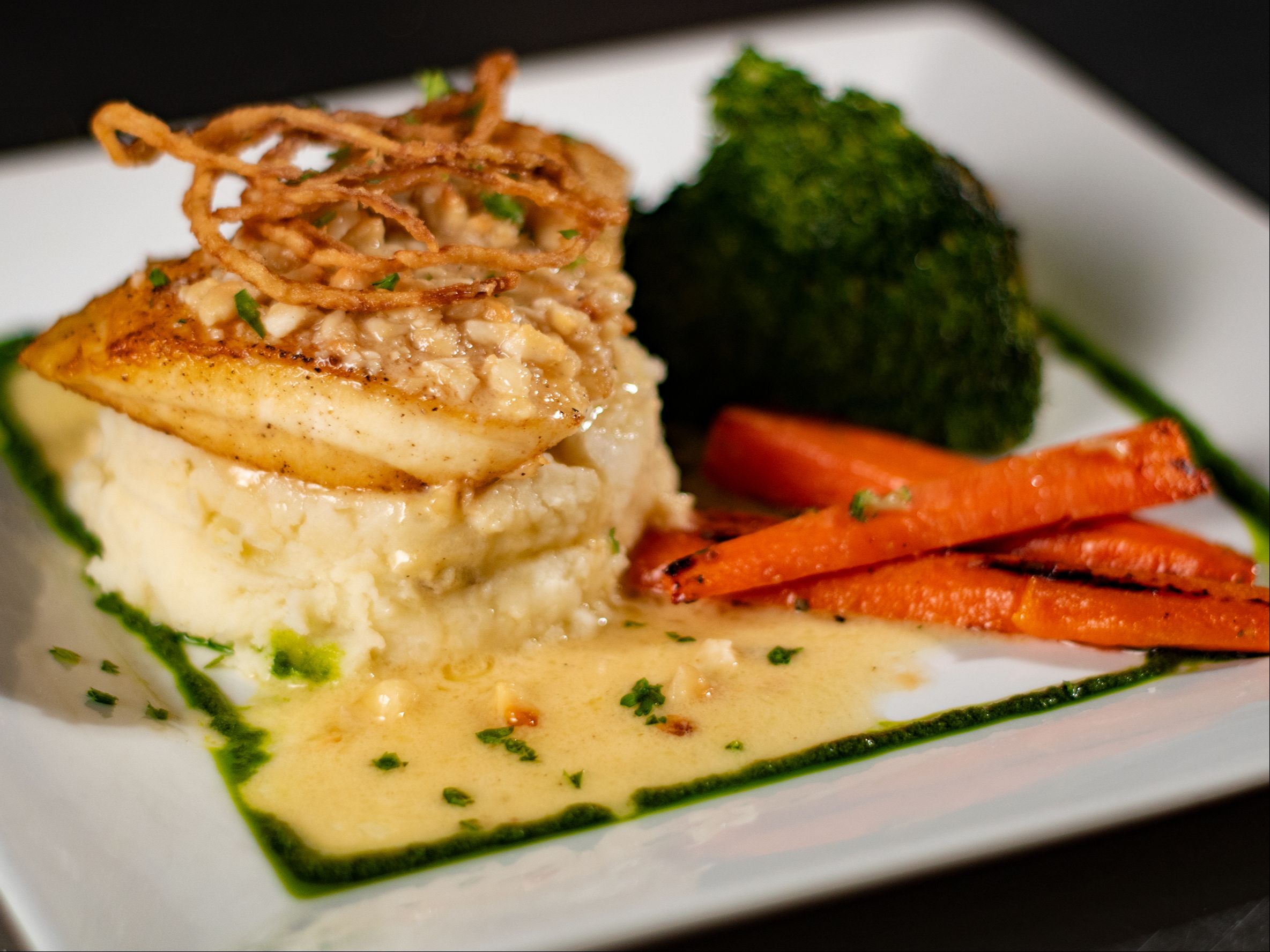 Order Macadamia Crusted Chilean Sea Bass food online from La Papillon store, Lancaster on bringmethat.com