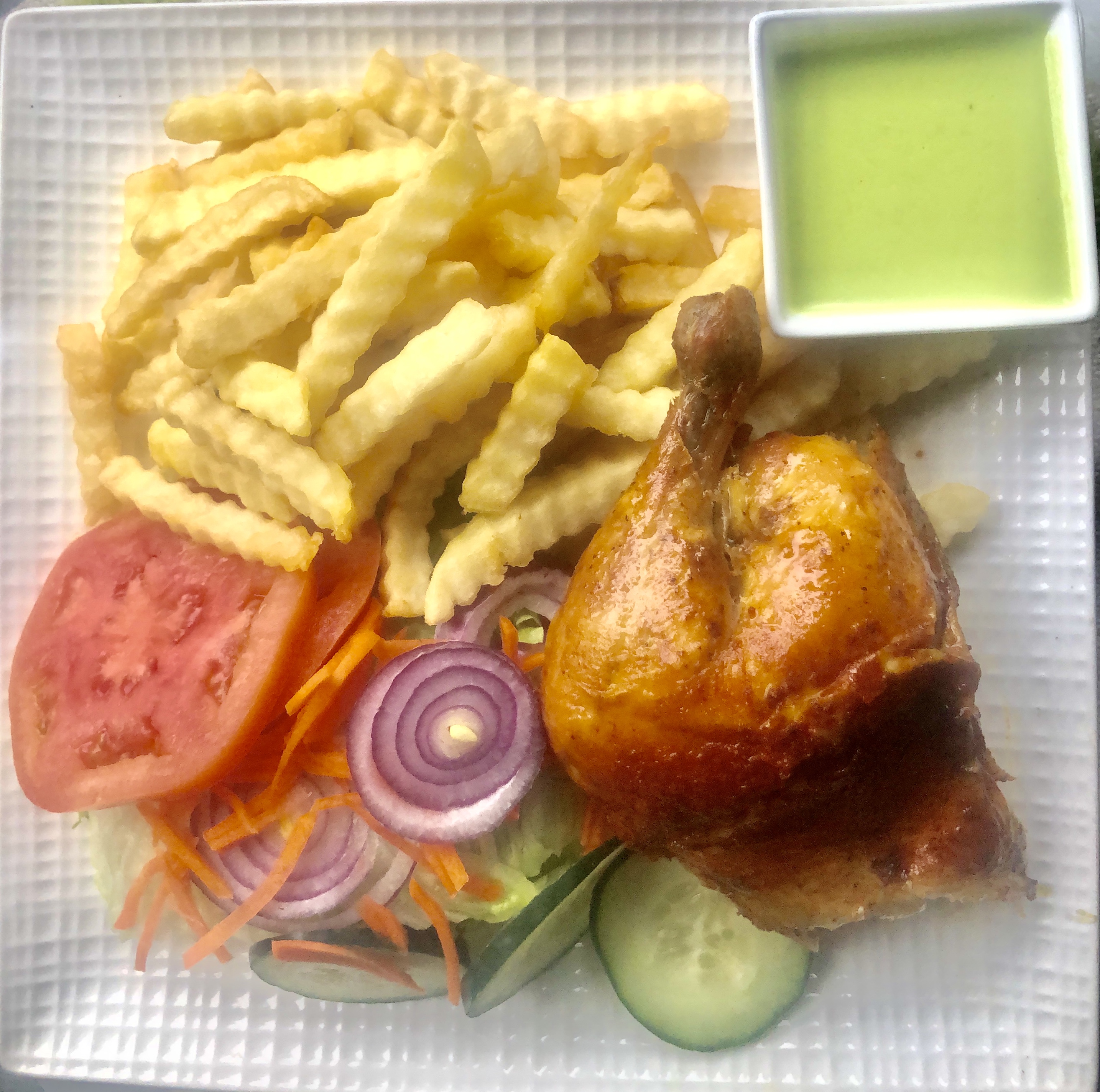 Order 1/4 of pollo a la brasa ,fries and salad food online from Chili Dog Restaurant store, New Rochelle on bringmethat.com