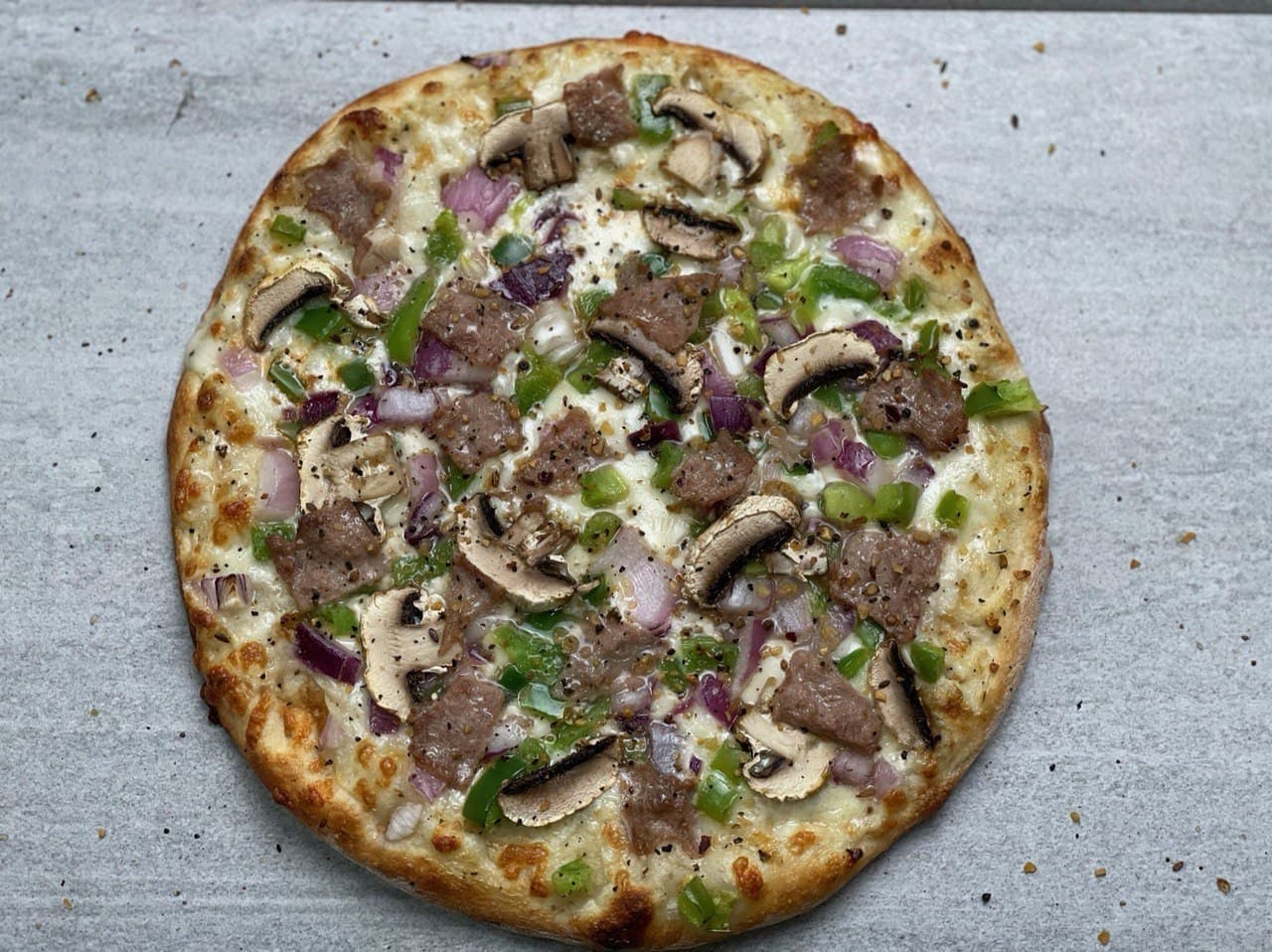 Order Asiago Cheesesteak Pizza - Small 10'' food online from Troys Italian Kitchen store, Arlington on bringmethat.com