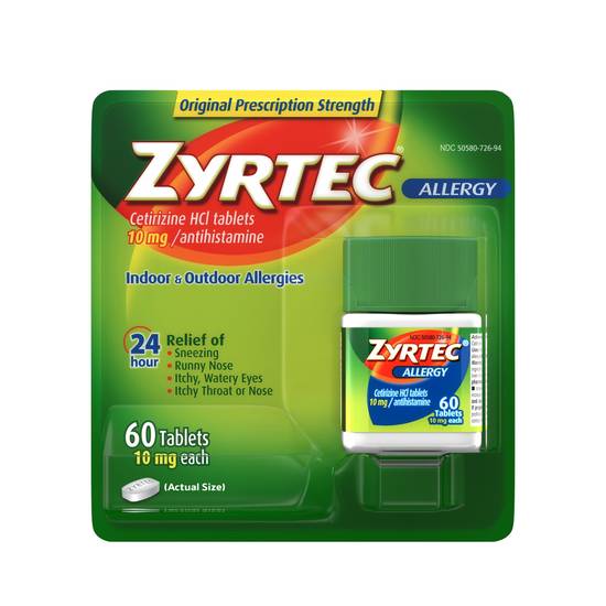 Order Zyrtec 24 Hour Allergy Relief Tablets with 10 mg Cetirizine HCl (60 ct) food online from Rite Aid store, EAST AURORA on bringmethat.com