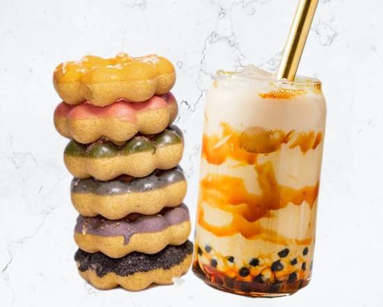 Order 1 Drink and Box of 6 Mochi Donuts food online from Bobafinitea store, Pleasanton on bringmethat.com