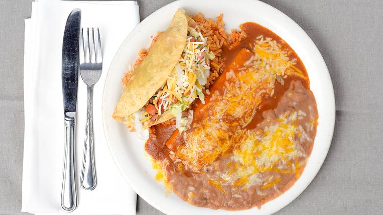 Order 16. One Enchilada, One Taco, Rice, And Beans food online from Los Arcos store, Gastonia on bringmethat.com
