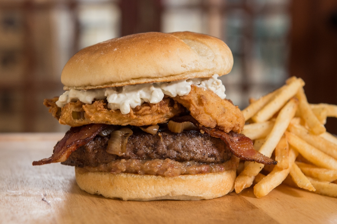 Order THE FRIED APPLE BLUE CHEESE BACON BURGER food online from Tycoon Flats store, San Antonio on bringmethat.com