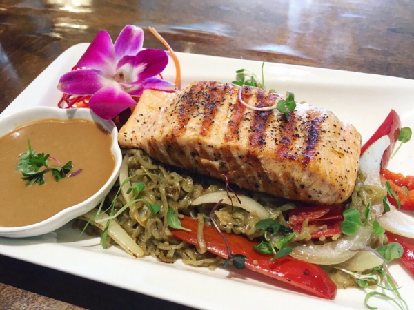 Order Grilled Salmon with Spicy Moroheiya food online from One Waan Thai store, San Francisco on bringmethat.com