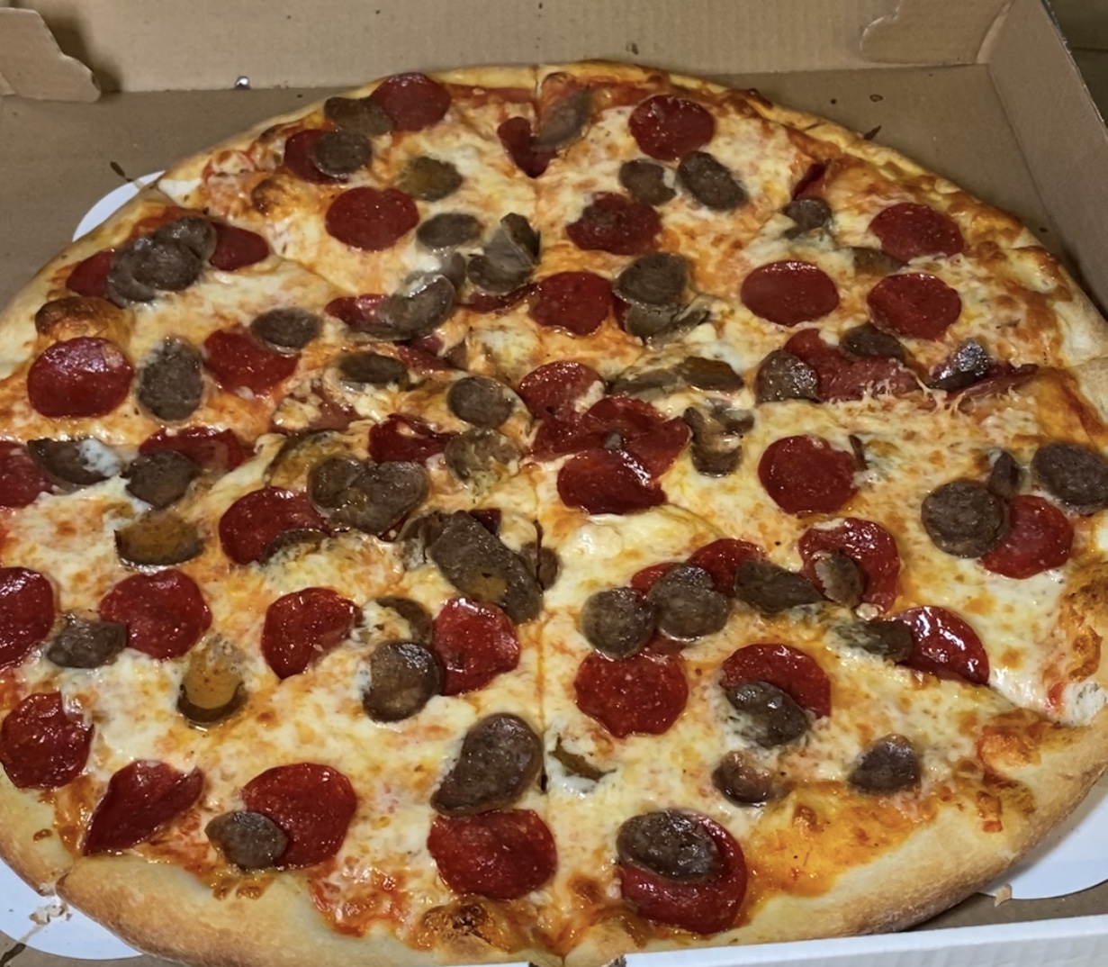 Order Pepperoni Sausage Pizza (one size 18") food online from East Village Pizza & Kebabs store, New York on bringmethat.com