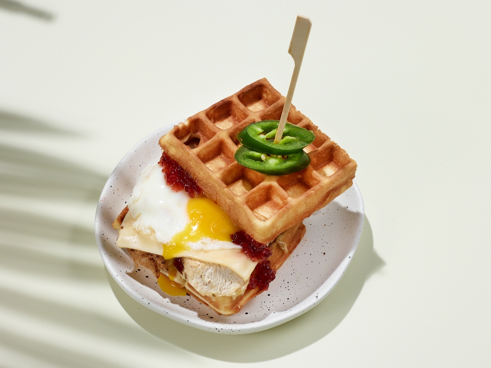 Order The 'What Came First?' Waffle Sandwich food online from Cafe Rica store, Battle Creek on bringmethat.com