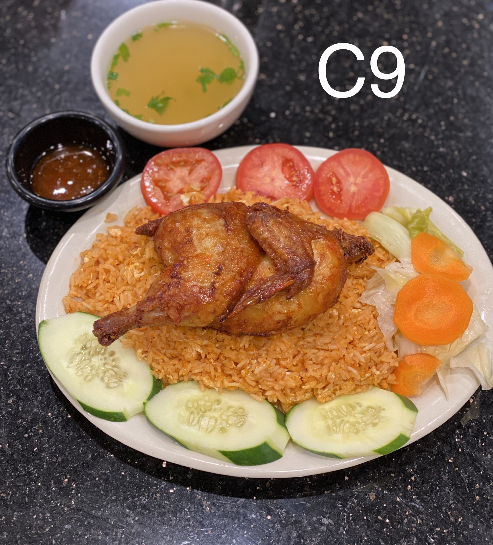 Order C9. Cornish Hen and Fresh Vegetables Rice Plate food online from Pho One Restaurant store, Hurst on bringmethat.com