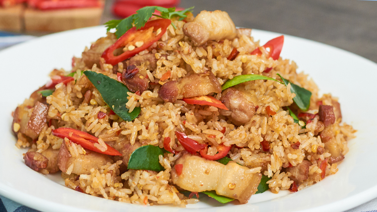 Order Spicy Fried Rice With Crispy Pork food online from Thai Fiesta Cafe store, Paramount on bringmethat.com