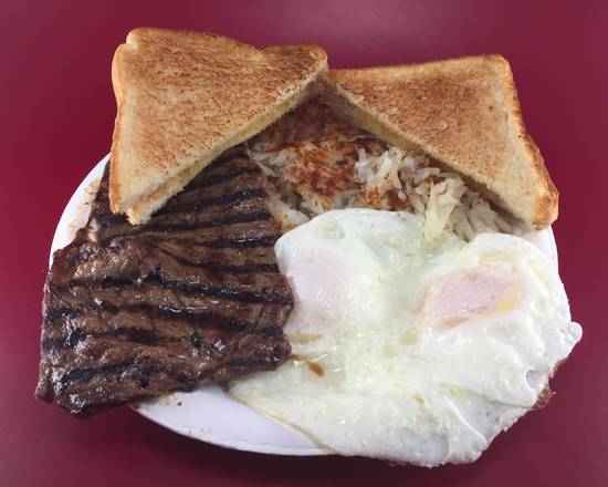 Order 9. 2 Eggs, Hash Brown, Toast and Steak  food online from Michael's Burgers store, Canoga Park on bringmethat.com