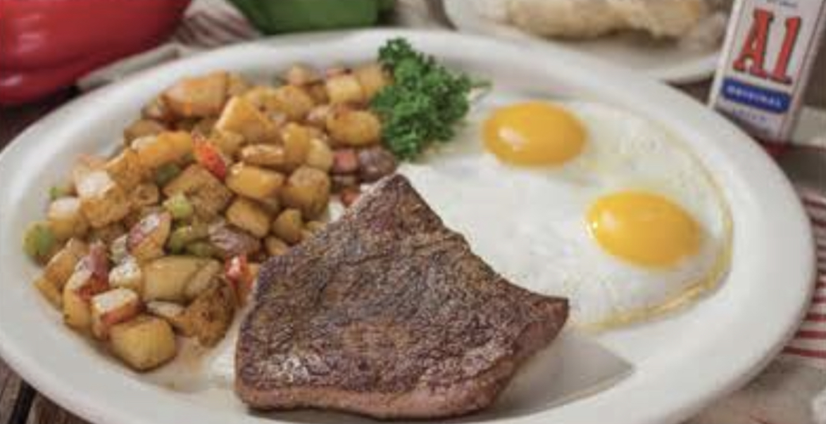 Order Ranch Steak and Eggs Platter food online from Perkos Cafe store, Madera on bringmethat.com