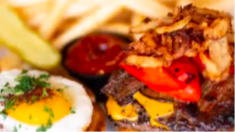 Order Hangover Burger with Sea-Salt Fries food online from Pacific Pourhouse store, Union City on bringmethat.com