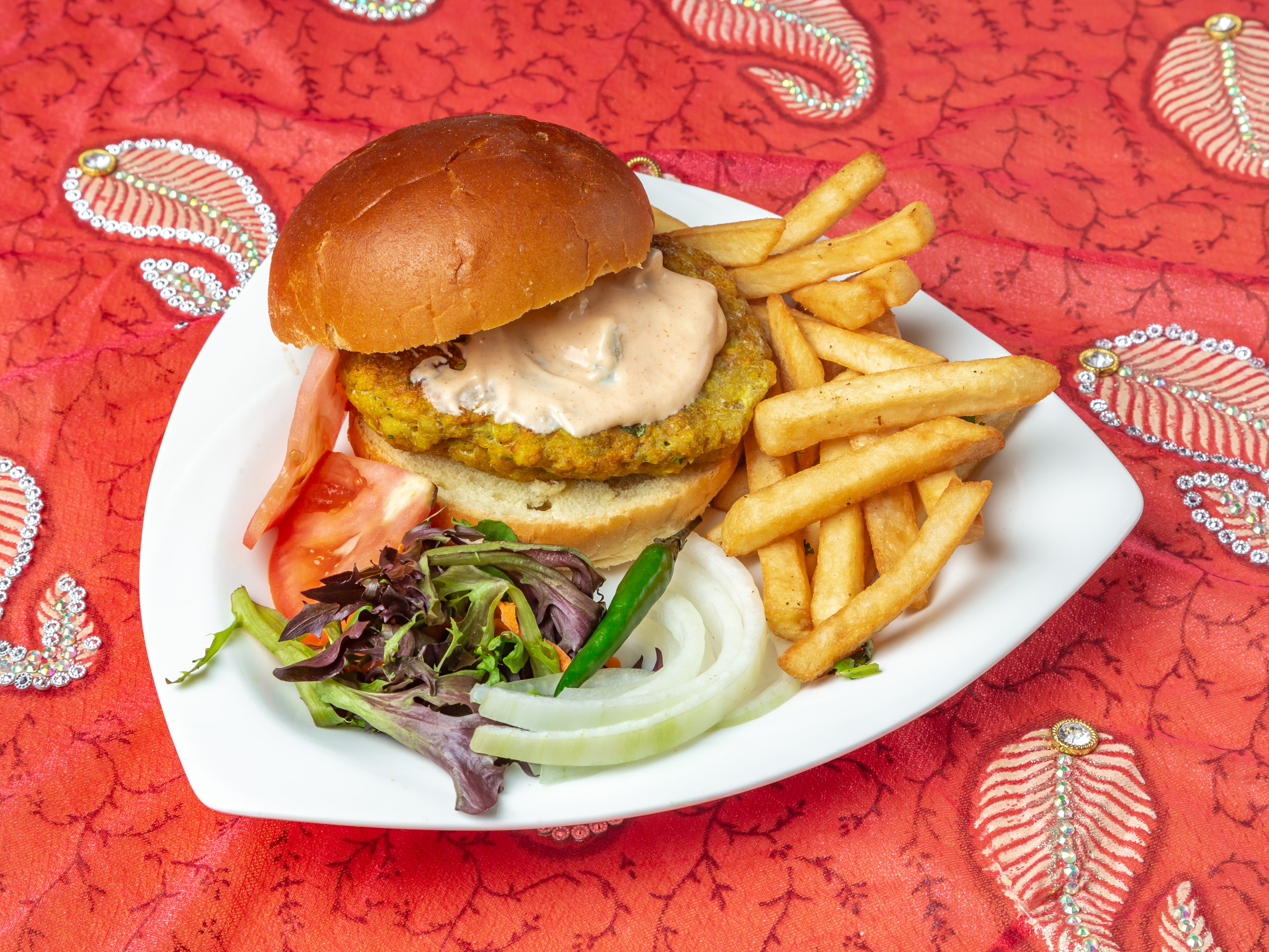 Order Chicken Burger with Fries food online from Neem Indian Cuisine store, Bronx on bringmethat.com