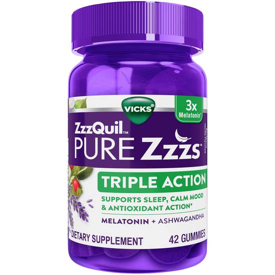 Order ZzzQuil Pure Zzzs Triple Action Melatonin Gummies with Ashwagandha (42 ct) food online from Rite Aid store, BETHEL PARK on bringmethat.com