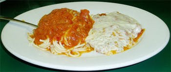 Order Chicken Parmigiana with Spaghetti - Entree food online from Primas Pasta & Pizza Restaurant store, Fort Worth on bringmethat.com