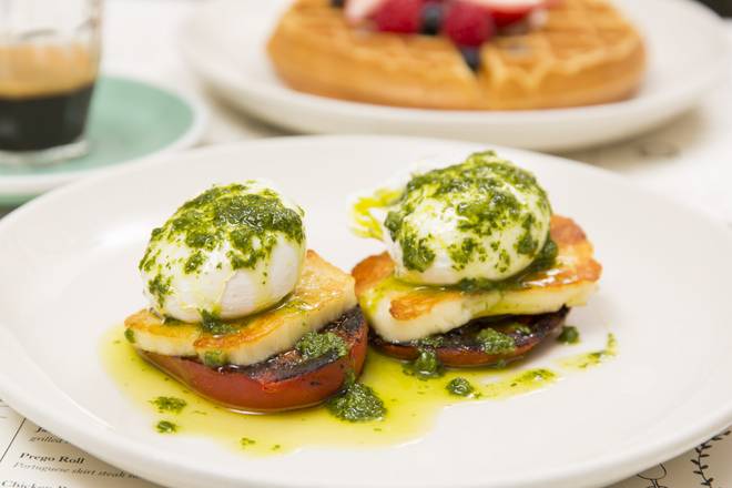 Order Poached Eggs with Roasted Tomato and Haloumi food online from Jack's Wife Freda store, New York on bringmethat.com