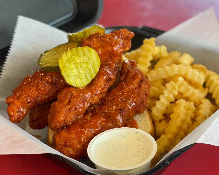 Order 4 Piece Nashville Hot Chicken Tenders Plate food online from Lucky Wishbone store, Tucson on bringmethat.com