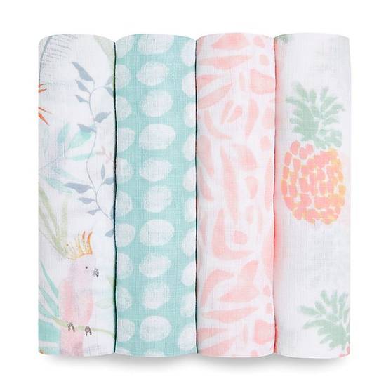 Order aden + anais™ essentials 4-Pack Tropicalia Swaddle Blankets in Pink food online from Bed Bath & Beyond store, Lancaster on bringmethat.com